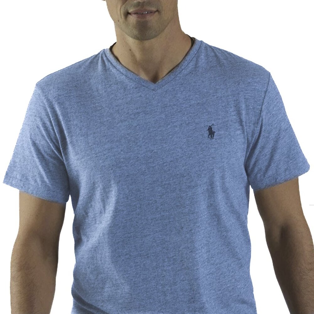 Polo Ralph Lauren Classic Fit V-Neck Cotton Tee in Marled Light Blue Size L